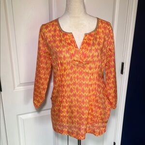 Eddie Bauer Peasant Tunic Blouse Pink Orange Tie Dye Split Neck 3/4 Sleeve